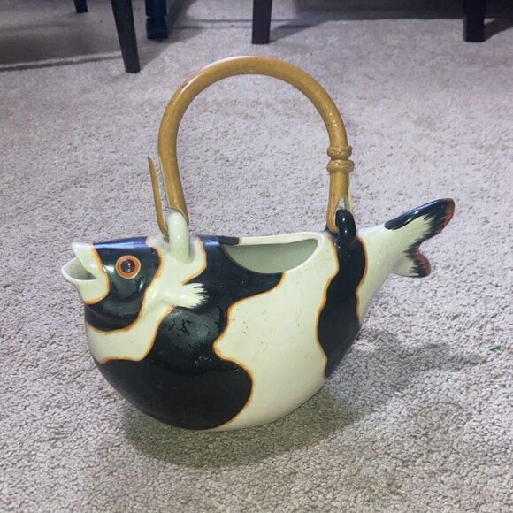 Vintage Animals & Co 1984 Collectible Hand Painted Porcelain Fish Bamboo Teapot - Picture 3 of 8
